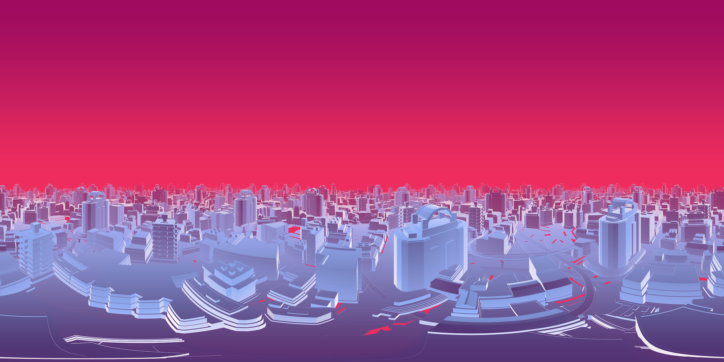 A synthetic blue cityscape with a red skyline