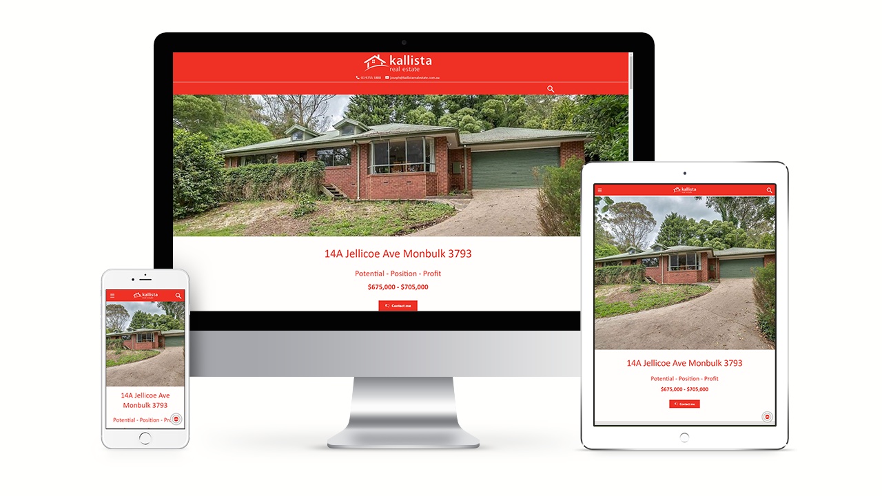 Kallista Real Estate listing website shown on a phone, tablet and desktop