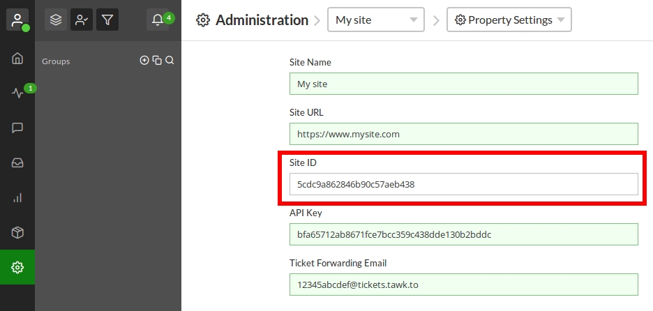 A screenshot of the a  site's property settings in the tawk.to dashboard.