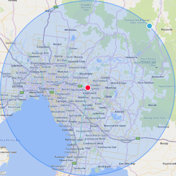 A map of Melbourne, showing a 55KM radius from Ringwood that Lake Refrigeration services