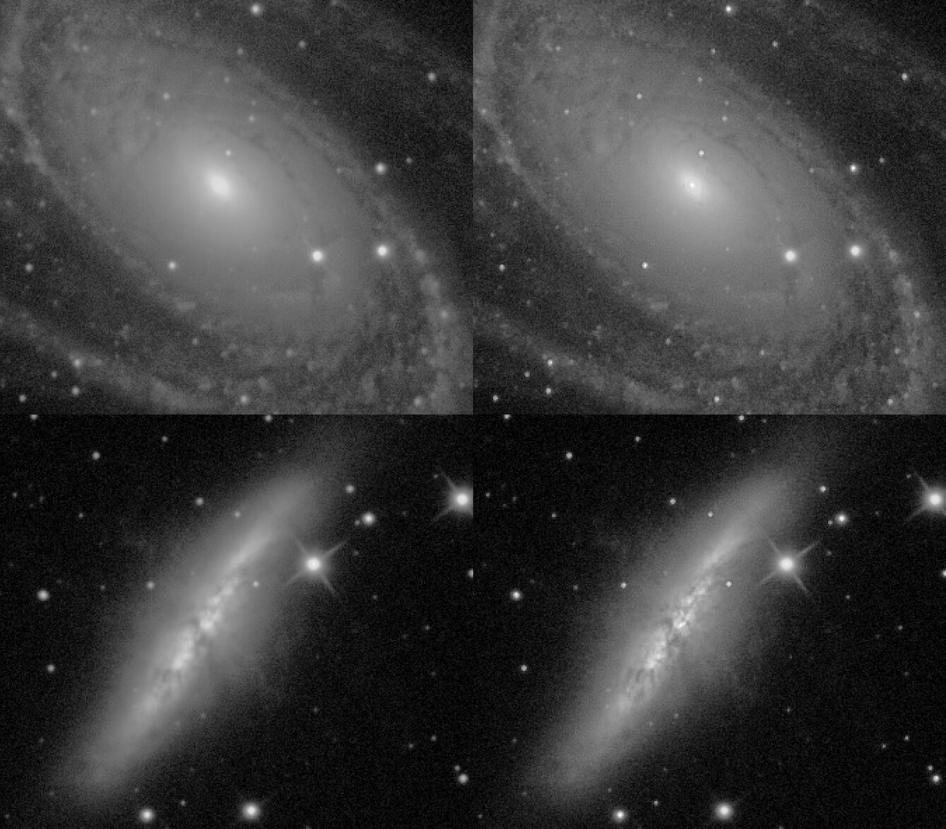 A 4-panel showing crops of the cores of M81 and M82 before and after deconvolution.