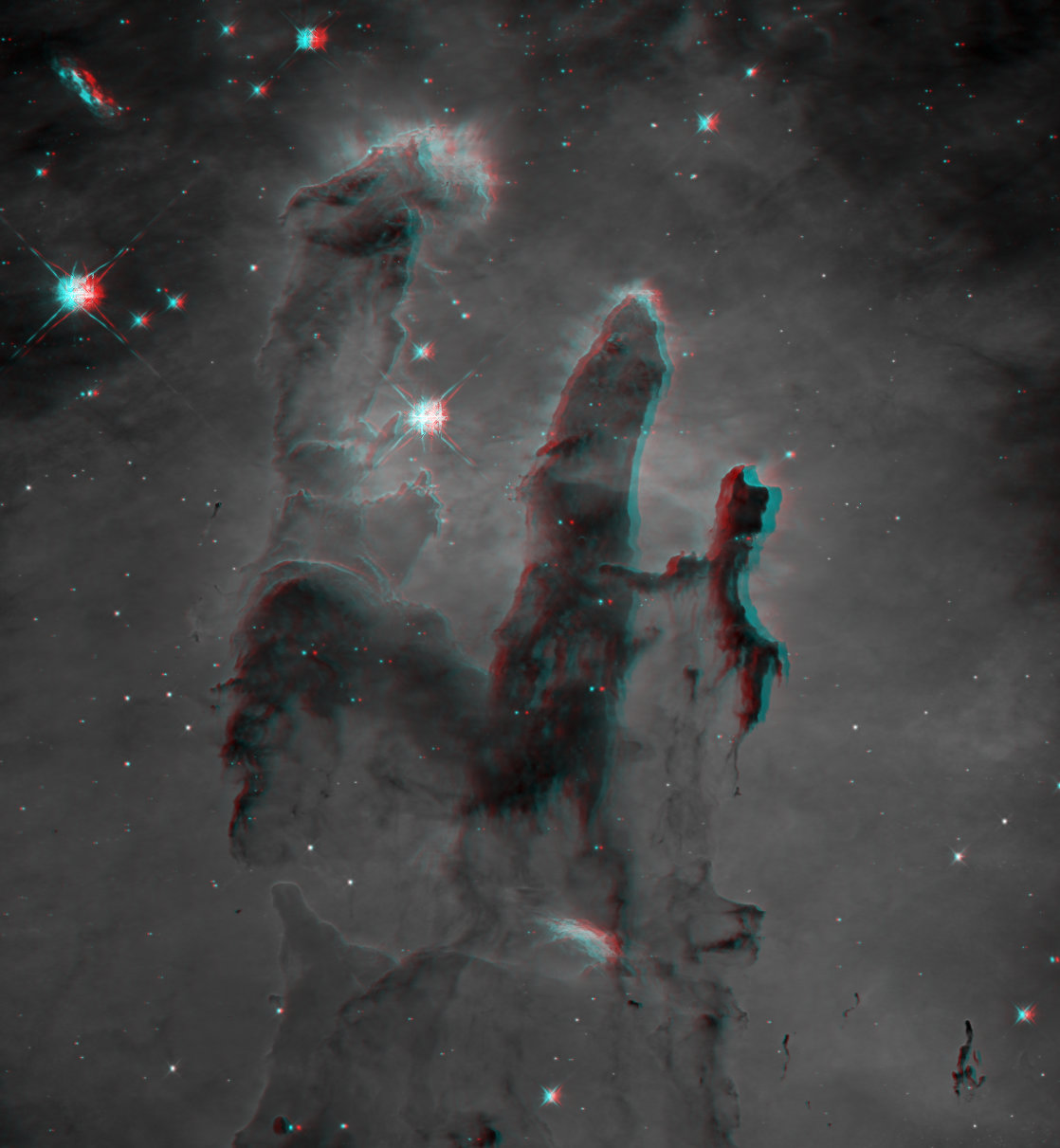 A mono image with red/blue fringes that encode depth information.