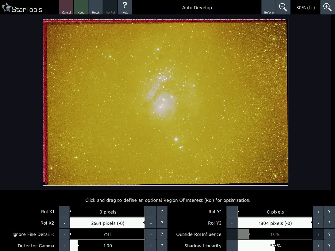 A barely visible nebula, swamped in light pollution and framed by stacking artifacts.