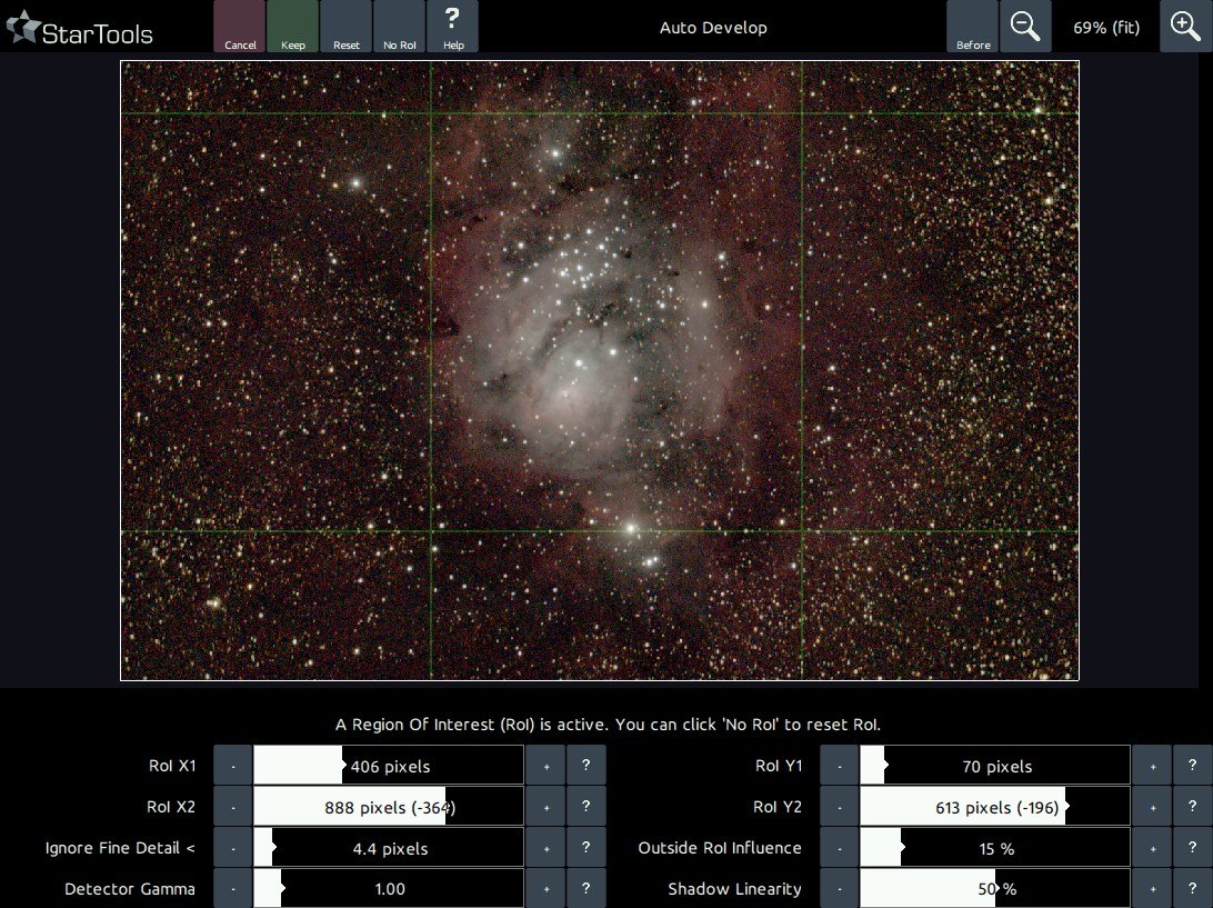 StarTools' AutoDev module in action, showing the region of interest deliniated by a green rectangle.