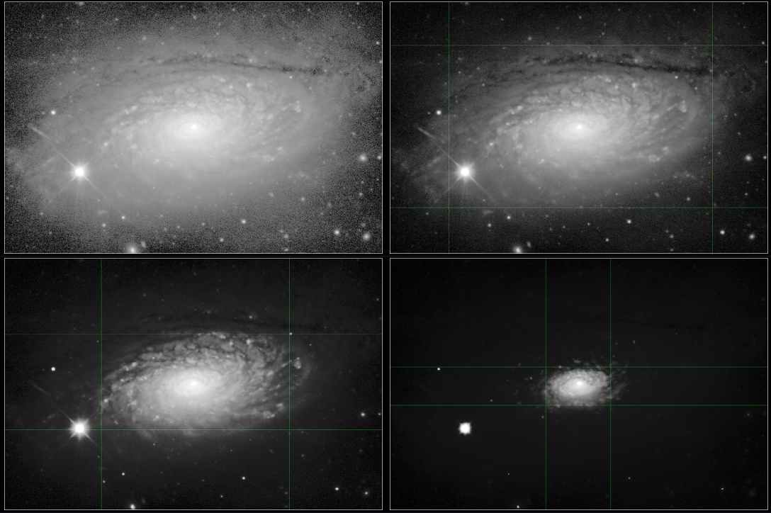 A 4 panel image of a galaxy at 4 stages of stertching by AutoDev.