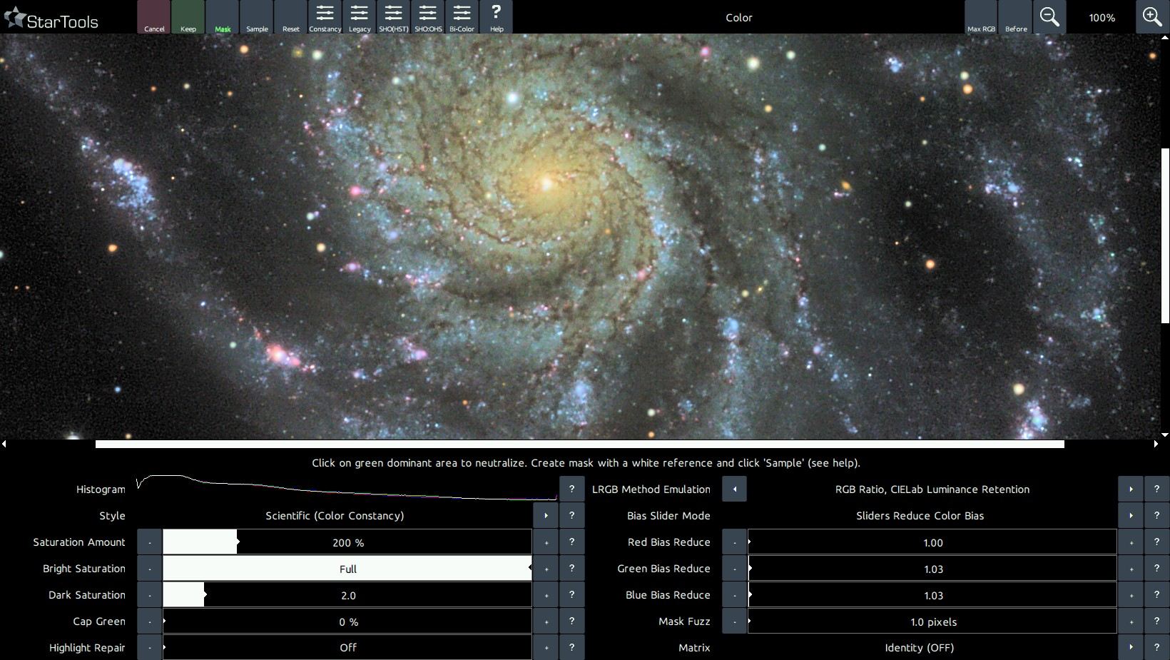 The color module showing an incorrectly colour balanced M101.