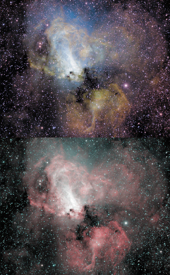 A 2-panel top/bottom example of presenting emission bands in different channels.