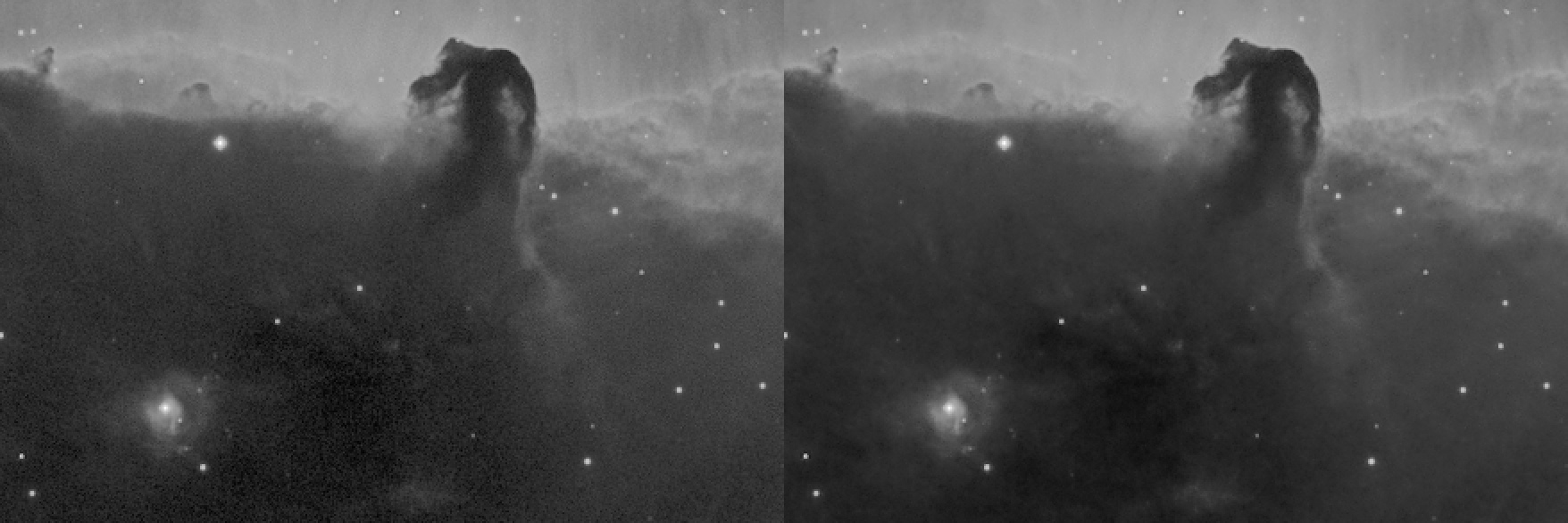 A side-by-side of an original noisy image and a denoised image.