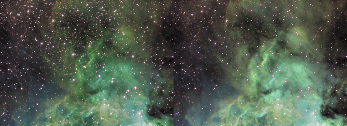An entropy module processed image, showing a before and after image with less and more O-III emissions respectively.