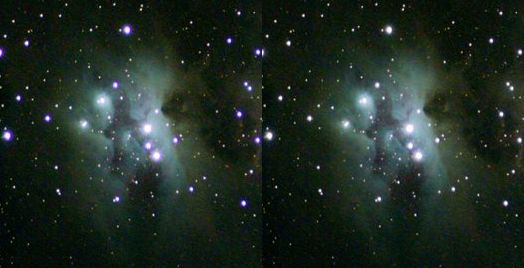 A 2-panel before and after where purple chromatic aberation halos are removed form stars.