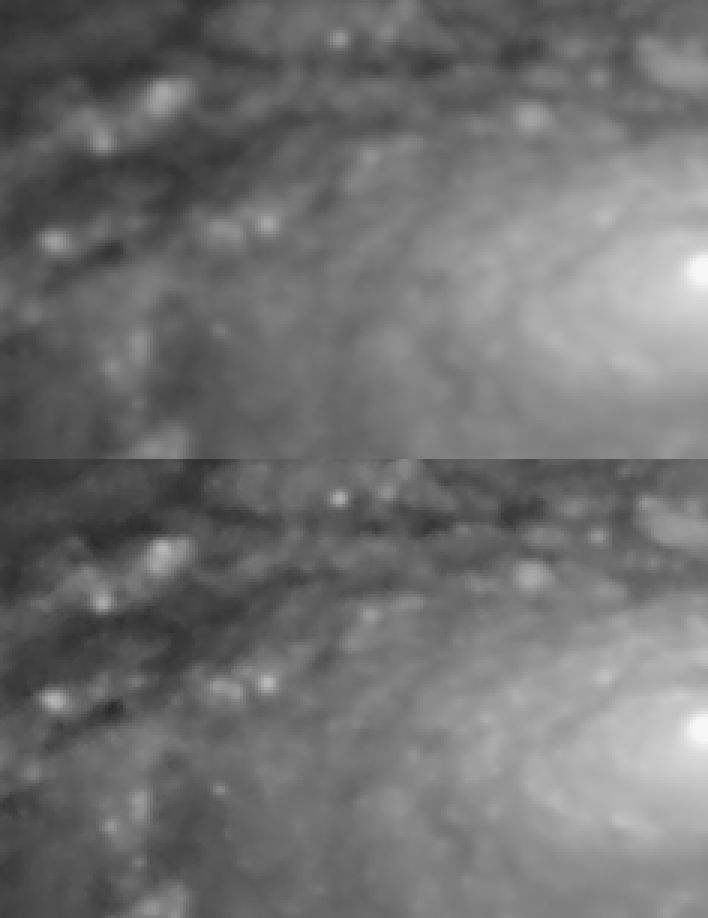 2 images of a galaxy, the lower one sharpend by the flux module.