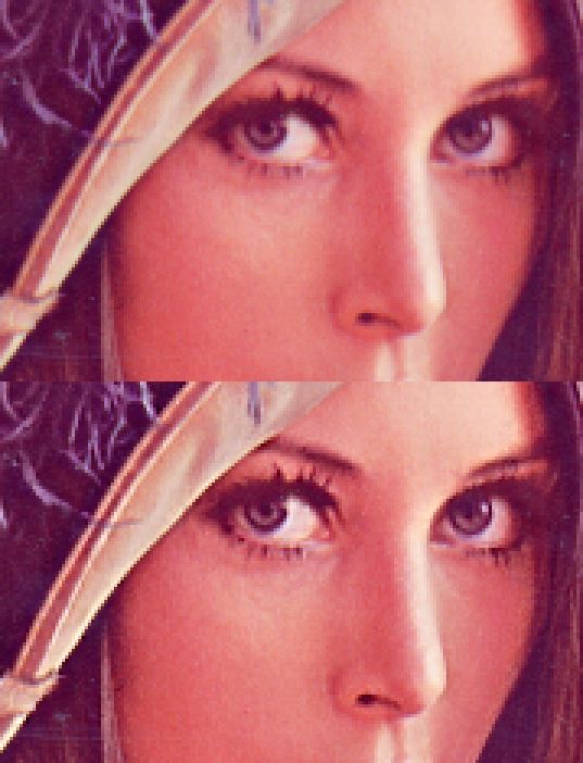 Two versions of the Lenna image above eachother, the lower one sharpened with the Flux module.