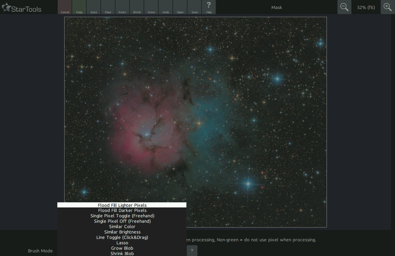 StarTools' mask editor showing the brush modes selection menu.