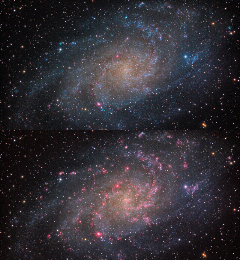 Two images of the M33 galaxy, with the top image not showing narrowband accents and the bottom showing narrowband accents.