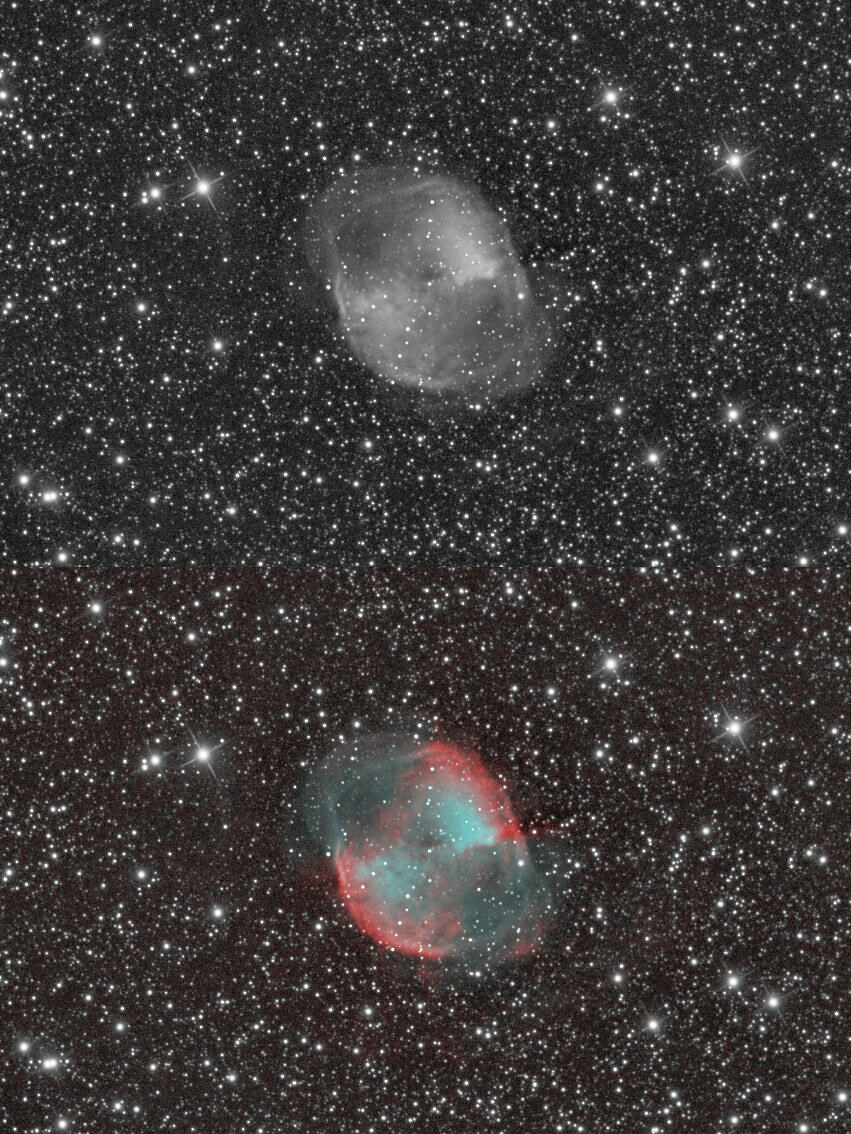 Two images of M27, with the top one black and white, and the bottom one colored with red and cyan narrowband accents.