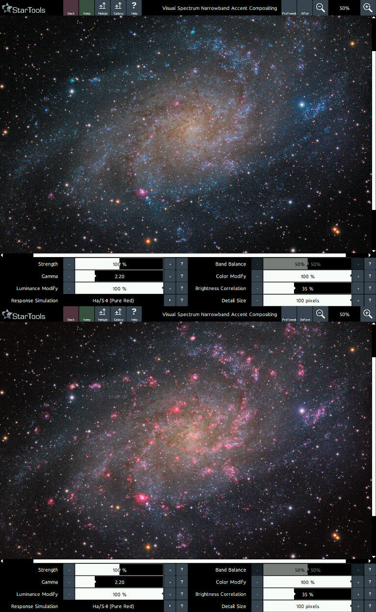 Two images of the M33 galaxy, with the top image not showing narrowband accents and the bottom showing narrowband accents.