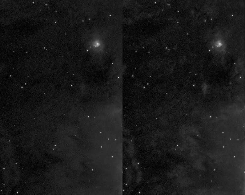 A 2-panel image with the first left showing less faint detail than the right one.