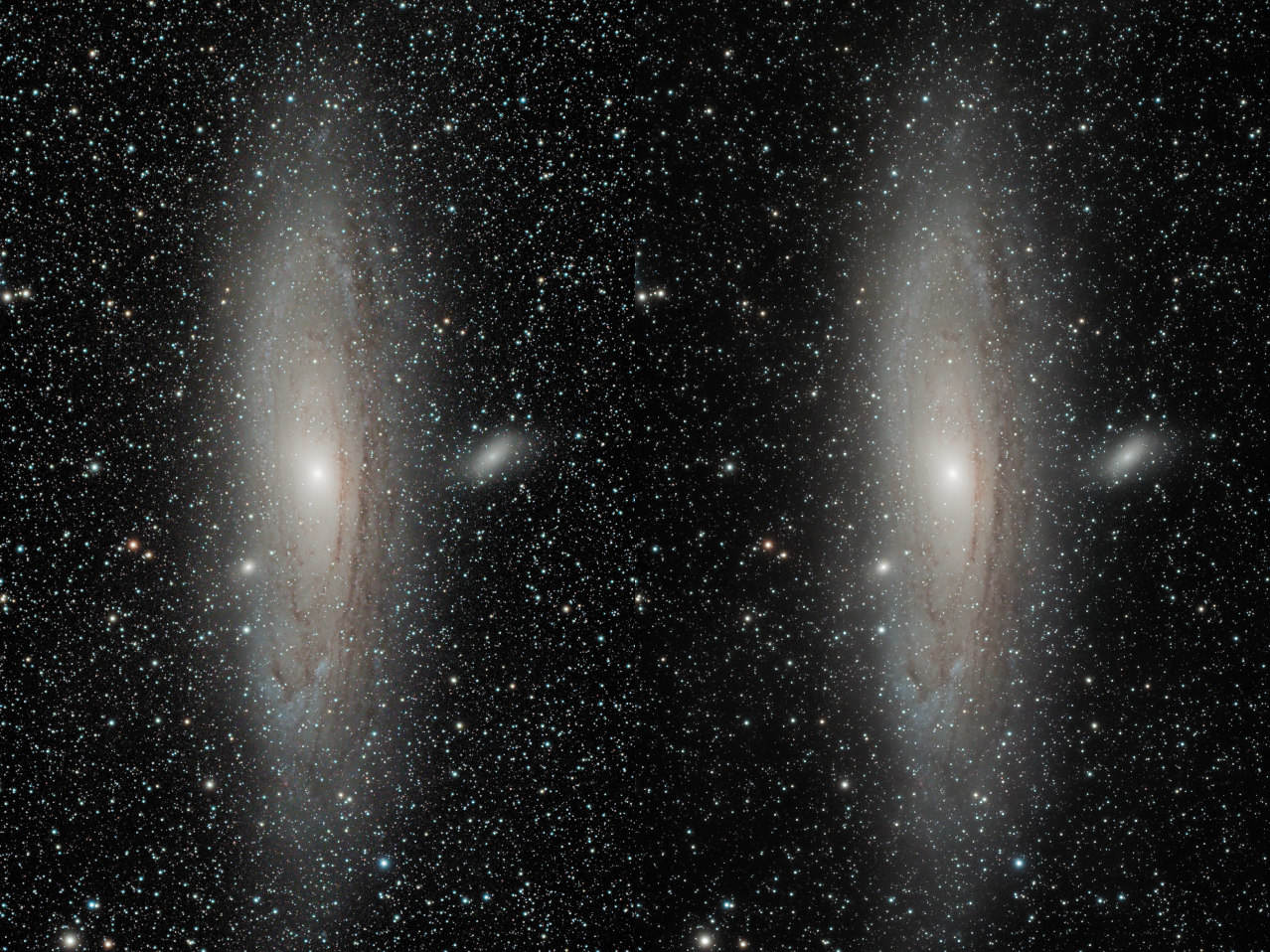 A 2-panel side-by side of M31 processed by the Super Structure module.
