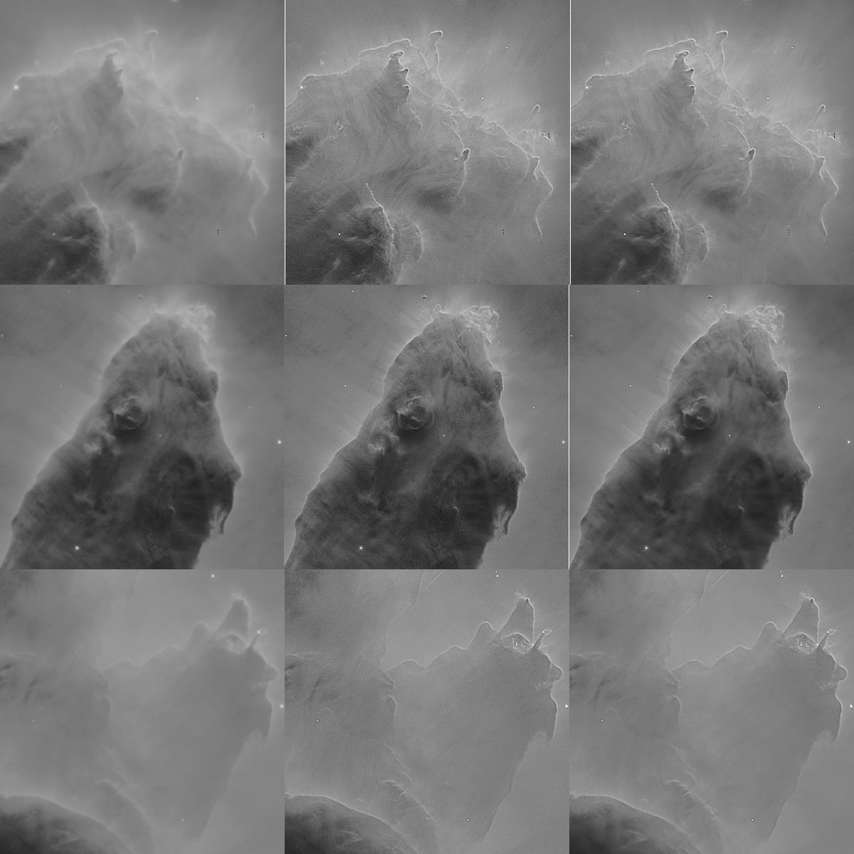 A 3x3 image demonstrating deconvolution of Hubble Space Telescope data.