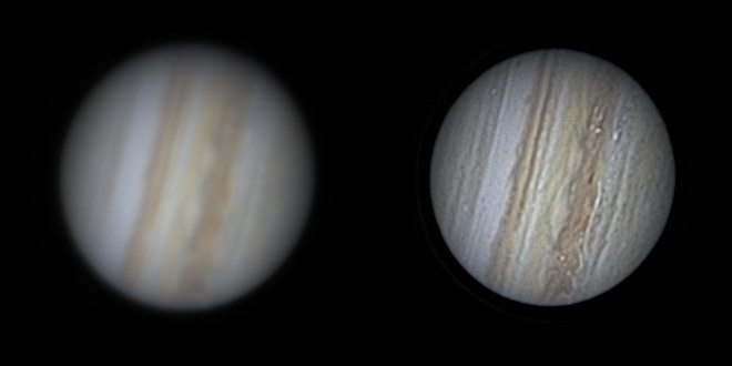 A side-by-side of Jupiter not deconvolved (left) and deconvolved (right)