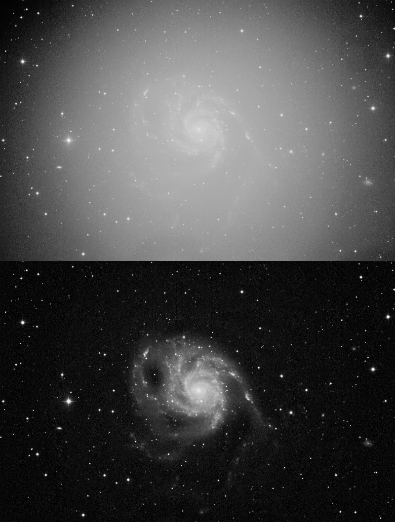 A 2-panel top/bottom before and after example of M101 mired in heavy gradients and vignetting.