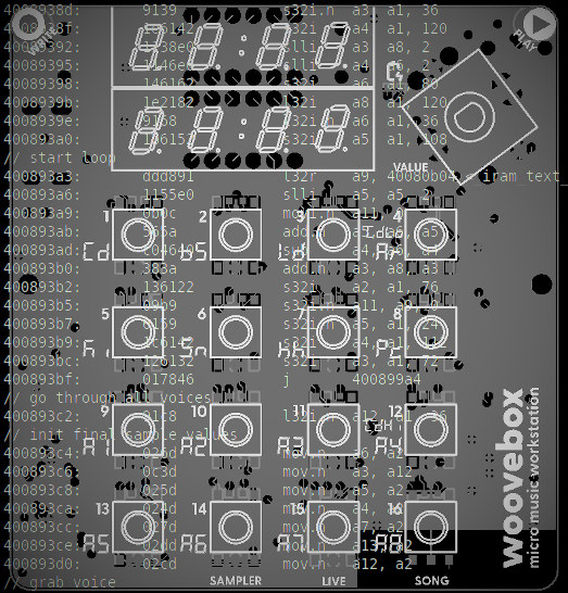 A PCB-like rendering with DSP code super-imposed on top