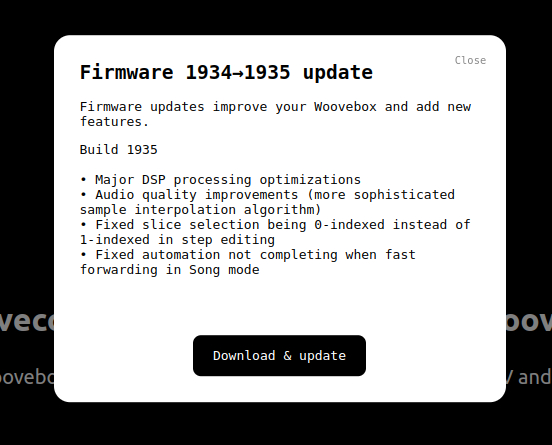 A dialog showing a new firmware is available for your Woovebox.