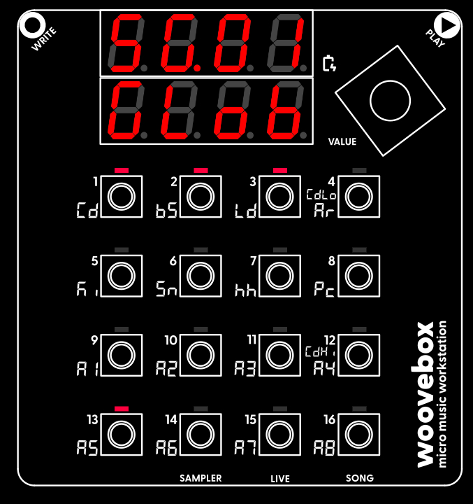 Under normal conditions, after a short boot sequence, your Woovebox will drop you in 'Song' mode.