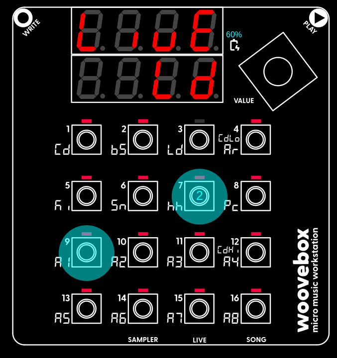 Woovebox UI showing two buttons pressed (and held) in sequence