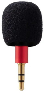 A red 3.5mm jack mini microphone with a black pop-shield.