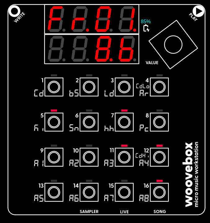 The Woovebox interface, showing the first fragment (Fr.01) of a song, with a duration of 8 bars, which is playing the kick, hi-hat, aux 3, aux 4 and aux 8 for that duration.